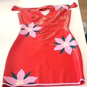 Red flowered latex mini dress